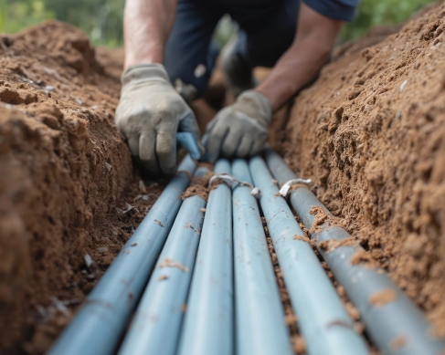 Bell Tower Electric - Trenching & Power for Sheds & Outbuildings Licensed electrician carefully installing and securing underground power cables in a trench for a detached structure in the Raleigh–Durham–Chapel Hill area.