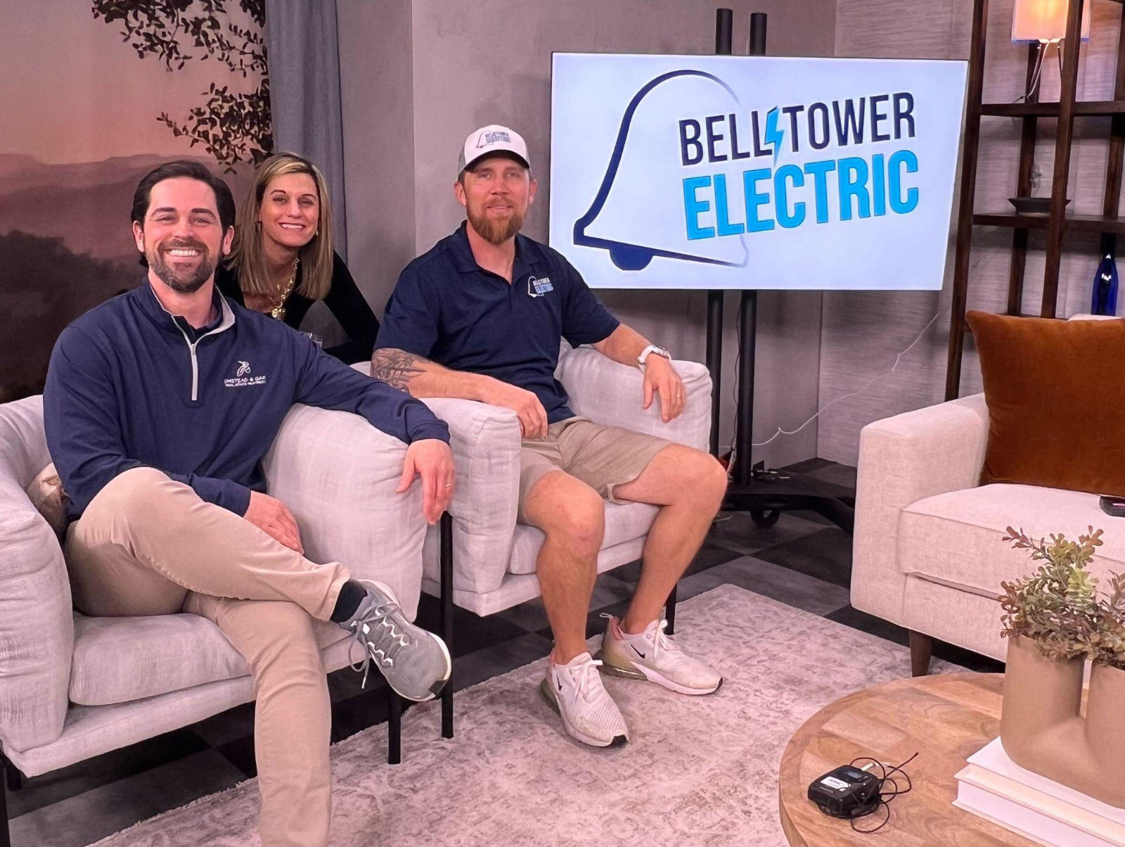 The Bell Tower Electric team sitting on the set of CBS 17's My Carolina for an interview about electrical safety and homeowner tips.